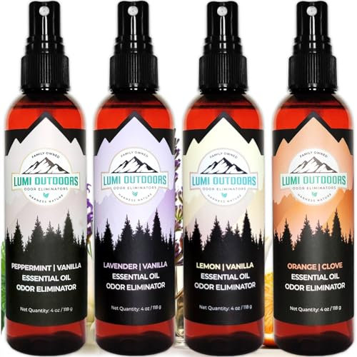 Lumi Outdoors Spray Deodorante Naturale per Ambienti - Confezione da 4 pezzi - Spray Ambiente alla Menta Piperita Vaniglia, alla Lavanda Vaniglia, al Limone Vaniglia, all'arancia Vhiodi di Garofano