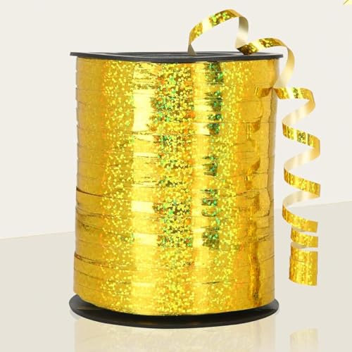 Geschenkband Gold Glänzendes (457m x 5mm) Ringelband, Glänzendes Ballonband für Partydeko und Geschenke Dekoband