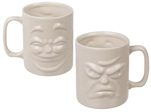 2 er Set Kaffeebecher Gesicht fröhlich und mürrisch Kaffeetasse Tasse Becher Porzellan weiß