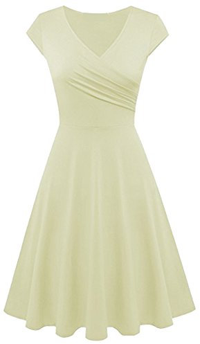 EFOFEI Lady's Patchwork Flare Dresses V Neck Twist Front Sundress Wrap A Line Dresses Beige M