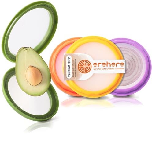 Erehere Silicone Food Storage Containers, 4Pcs Avocado Saver Produce Holder | Keep avocados fresh! Reusable Onion Storage for tomato, lemons, garlic & potato. Fresh fruit fridge organizers.