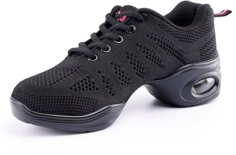 Asyusyu Tanzsneaker Damen Tanzschuhe Schnüren Jazz Tanzschuhe mit Luftkissen for Damen Herren Cheerleader Zumba-Schwarz, 39EU