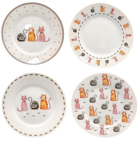 SPOTTED DOG GIFT COMPANY Side Plates Set of 4, Ceramic Small Dinner Plates for Serving Dessert Salad Cake, Cat Themed Kitchenware, Microwave Dishwasher Safe, Gifts for Cat Lovers 7.5 (19cm)