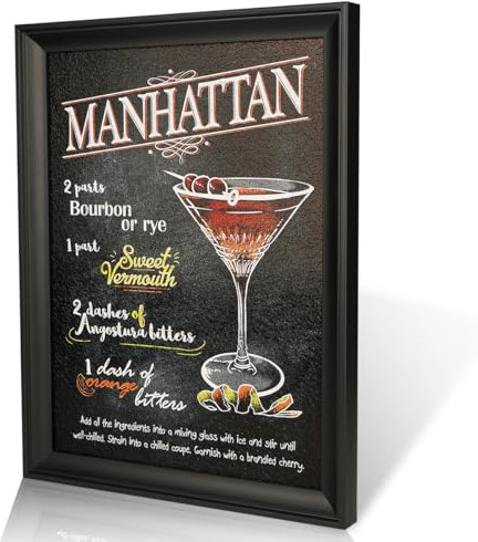 Various types of cocktails Recipe Framed Wall Art, Long Island Iced Tea,Margarita,Mojito,Rir Royale,Manhattan Cocktail 13W x 17H inches, Framed (Manhattan)