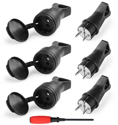 URHRHU 3 prises Schuko en caoutchouc, kit de fiches de sécurité en caoutchouc avec protection anti-pli pour câbles de 0.5-3cm², IP44, 250V, 16A, 4000W