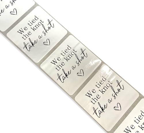 50 Pack Waterproof Square 'We Tied The Knot Take a Shot' Wedding Guest Favour Labels - Stickers for Miniature Bottles