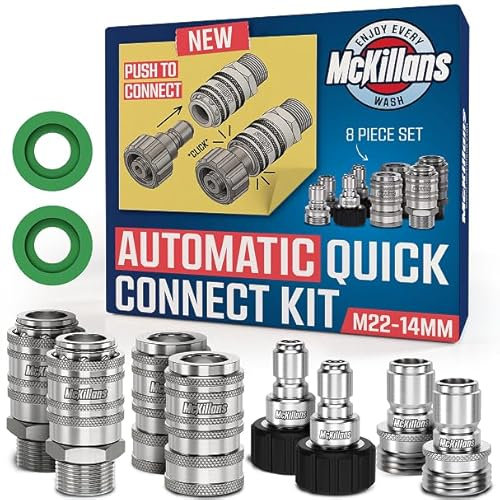 McKillans® 2025 Automatic M22-14mm Pressure Washer Quick Connect Kit - M22 to 3/8 Quick Connect Pressure Washer Fittings - Power Washer Accessories - Hose Adapter Set - 8-Piece Kit (Stainless Steel)