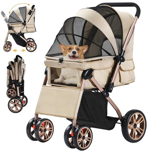 DWVO Hundebuggy 3 in1 Hundebox Transporttasche, Faltbar klappbar Katzenwagen Bis 22kg, 360° Verschleißfeste EVA-Räder, Ablagekorb, Netzfenstern, 58,5x76x105cm, hundewagen für hunde (Beige)