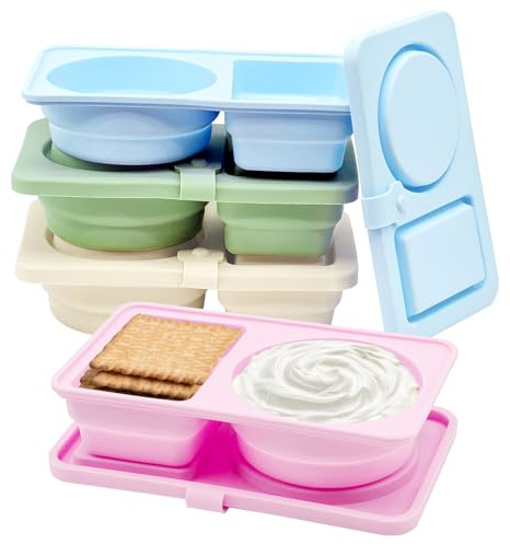 4 Pack Silicone Reusable Snack Containers with Lids, Double Compartment Snackle Box, Salad Dressing Sauce Seasoning Divided Container, Small Mini Food Snack Boxs for Travel, Office, School, Picnic