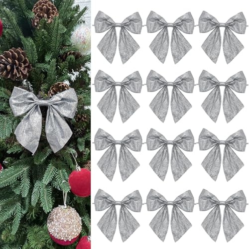 Donfulily Christmas Tree Bows with Glitter, 14 x 15 cm, 12 Pieces, Wired Ribbon Ornaments for Xmas Decorations (Silver)