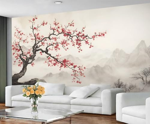 GIVLWF Japanese Wallpaper, Cherry Blossom Self Adhesive Wallpaper for Living Room, Mountain Wall Paper for Bedroom, Traditional Wall Mural, Asian Oriental Large Mural & Room Decor