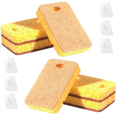 6 Pcs Eco Sponge Scourers, Plastic Free Sponges Washing Up, Biodegradable Sponges, Made from Natural Brown Sisal and Beige Wood Pulp Cotton with Holes for Effective Dish Cleaning