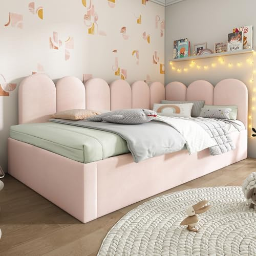 LINKHOO lit de Jour rembourré (90x200cm), canapé-lit de Jour avec lit gigogne(90x190 cm), pour bébé, avec sommier à Lattes, en Velours, sans Matelas, Rose