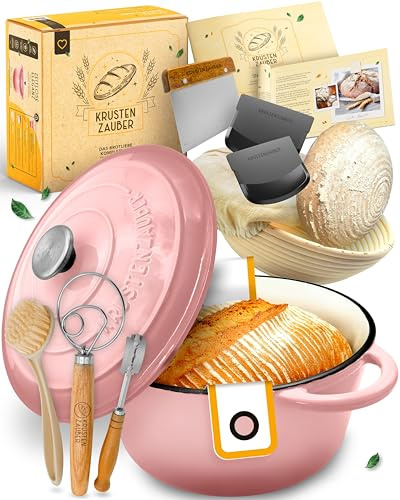 KRUSTENZAUBER Brotbacktopf mit Deckel im XXL-Set für gelungenes erstes Brot | Gusseisen Topf mit Deckel als Backset für Anfänger inkl. Zubehör wie Gärkorb, Schneebesen, Teigschaber- /Messer, Brotschlinge