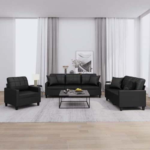 Emmtore 3-TLG Sofagarnitur mit Kissen Schwarz Kunstleder