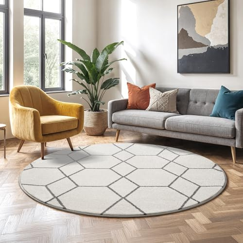SANAT Wohnzimmerteppich – Pflegeleicht, für jeden Raum geeignet – Öko-Tex zertifizierter Flächenteppich – Trellis Muster, Creme, 120 cm Rund