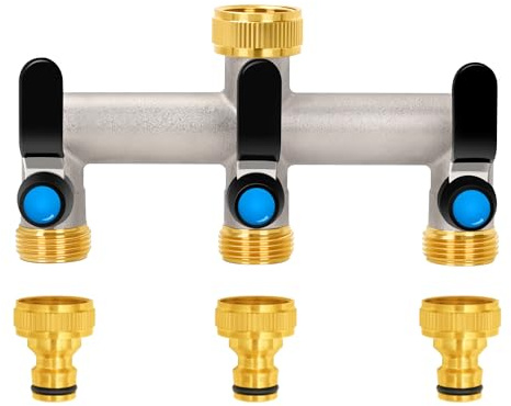 OPERMAXER 3-Wege Wasserhahn Wasserverteiler, 304 Edelstahl Griff, 3/4 Zoll Messing Wasseranschluss Verteiler mit individuellem Absperrhähnen，3er 3/4 Verteilerauslässen für Geräte/Gartenschläuche