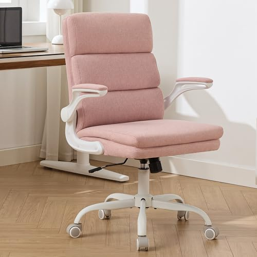 LukkDys Ergonomic Office Chair with 3-Stage Back Support, Executive Fabric Desk Chair with Flip-up Armrests, Adjustable Height & Swivel Computer Chair for Home Office, Pink