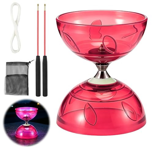 LED Diabolo mit Kugellager, 4,5mm DiaBolo Freiläufer mit Kugellager Dreifache Lagerung Set, Diablo Jonglierspielzeug mit Jonglierbällen, Jonglierbälle Kinder für Anfänger Profis, Rot (Rot)