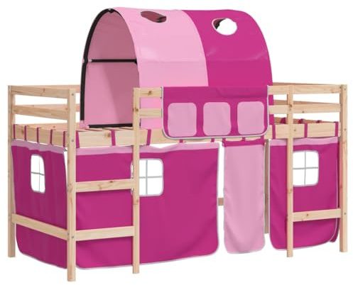Qnhdfrt Kinderhochbett mit Tunnel und Vorhang-Set, Spielbett aus massivem Kiefernholz, 80x200 cm, Hochbett für Kinderzimmer mit Rausfallschutz und Leiter, Rosa