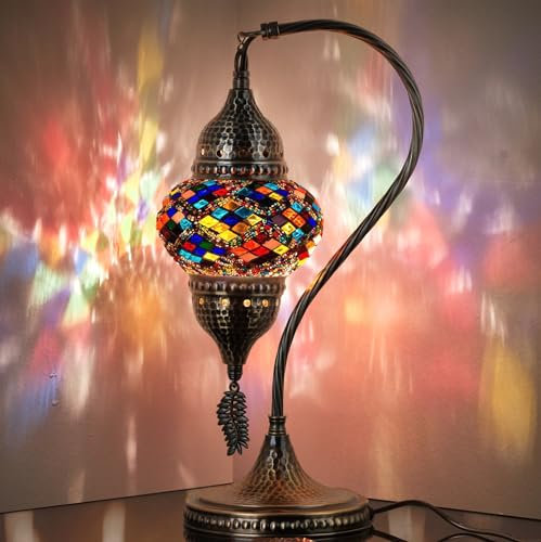 DEMMEX Authentic Turkish Moroccan Mosaic Lamp - Handcrafted in Turkey - Table/Bedside Lamp with Mosaic Glass Globe & Hammered Metal Body, Bulb Included, 15, Unique Gift (Anatolian Rug)
