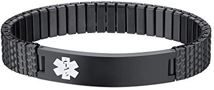 Custom4U Bracelet de Gravure Médical Réglable de Gravure du Bracelet d'urgence pour Les Hommes en Acier Inoxydable Bracelet Imperméable Plaqué Noir