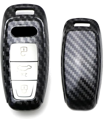 iJDMTOY Gloss Finish Black Carbon Fiber Pattern Hard Shell Key Fob Cover Case, Compatible with 2019-up Audi A6 A7 E-Tron A8 Q8, 3-Button Smart Key Fob