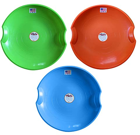 Flexible Flyer Flying Saucer Snow Sleds – 3 Pack of Durable 26” Round Plastic Saucer Sleds with Hand Grips – Orange, Lime Green & Blue – Winter Fun for Kids & Adults