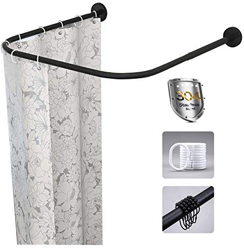 Duschvorhangstange U Form Winkelstange Gebogene, Ausziehbare Gardinenstange Edelstahl Ohne Bohren/Bohrlöcher, für Badezimmer, Duschkabine, mit Duschvorhang und Haken (70 to 110 x 100 x 70 to 110cm)