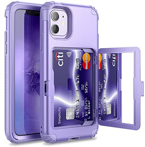WeLoveCase iPhone 11 Wallet Case for Women Defender Credit Card Holder Cover with Hidden Mirror Three Layer Shockproof Heavy Duty Protection All-Round Protective Case for iPhone 11 Light Purple