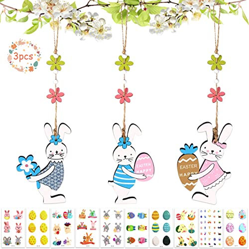Leeelyan Osterhasen-Anhänger Hase Holz, Osterhänger Aufhängen Holzhase Deko, Holz Hase für Kinder-Bastelsets, Osterhasen Anhänger, Holzausschnitte Hängen Osterschmuck