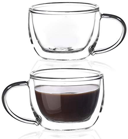 Amisglass Tazzine caffè Espresso, Bicchiere caffè Vetro, Tazza da caffè Espresso a Doppia Parete con Manico Termici Isolati per Latte, tè, Cappuccino, Cioccolata, Brandy - Set da 2, 100 ml