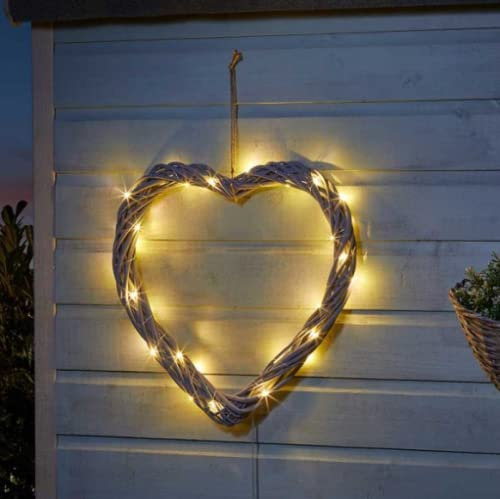 Garden Mile Solar Power LED Heart Wreath Light Up Hanging Artificial Heart Oudoor Garden Lighting Fake Heart Wreath with Hanging Hoop Garden Hanging Decor