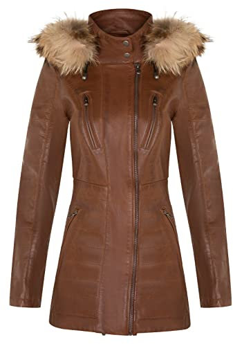 Infinity Leather Bräunen Damen Leder Parka Jacke Gesteppte Abnehmbare Kapuze Regenmantel M