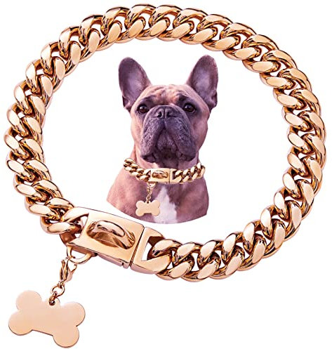 Stainless Steel Metal Buckle Dog Chain Collar, Cool Charm Pet Bulldog Jewelry Necklace, Waterproof Rose Gold Black Silver Heavy Duty Anti-chew Curb Cuban Chains Dog Collar for Small Medium Large Dogs