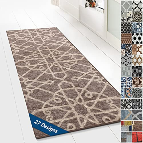 Floordirekt Teppichläufer mit Muster - maßgefertigter Feinschlingen Teppich Läufer für Küche, Flur & Wohnraum - Ornament Vintage Orient Gitter (80 x 300 cm, Navelli Braun)