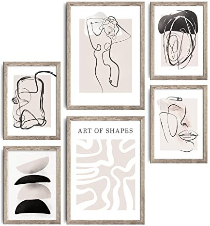 decomonkey | 6er Poster Set mit hellbraunem Rahmen | Abstrakt Beige | 4 x DIN A4 & 2 x DIN A3 | Wohnzimmer Schlafzimmer Wandposter Blider Collage Modern Wanddeko Boho Line Art Vintage Schwarz Weiß