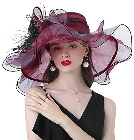 ITODA Fascinator Damen Organza Hut Blumen Feder Sonnenhut Kirche Hochzeit Frauenorganza Elegant Sommerhut Sonnenschutz Strandhut Breit Krempe Organzahut Mesh Damenhut Cocktail Party Weinrot