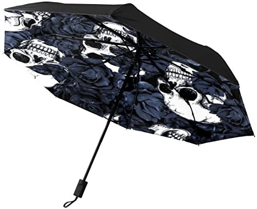 CLAYU Automatischer faltbarer Regenschirm, Totenkopf-Design, wasserdicht, kompakt, für Sonne und Regen, Schwarz
