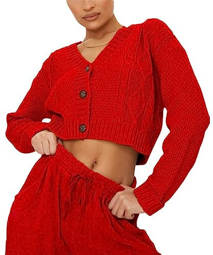 STAR FASHION New Women's Ladies Chunky Cable Knitted Cropped Cardigan Long Sleeve 3 Button Short Crop Top Warm Sweater Jacket Pary Wear UK Size 8-14 Red