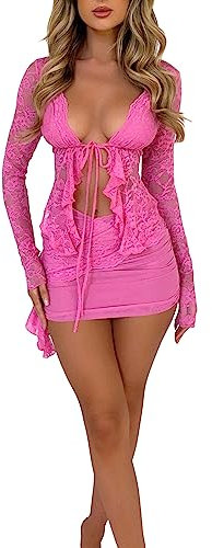 M9ppzzur7 Women Sexy 2 Piece Outfit Set Summer Lace Low-Cut Tie-Up Front Long Sleeve Ruffles Crop Tops Mini Skirt 2 Pieces Clothes Set (Pink, M)