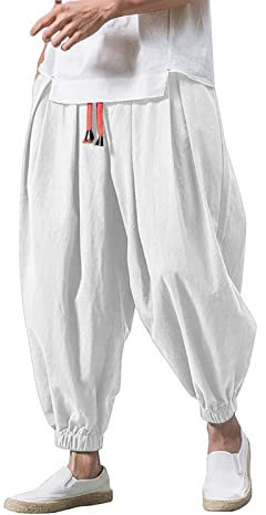 Pantaloni da uomo baggy, in stile harem/giapponese, in cotone e lino, con elastico in vita, pantaloni casual per il tempo libero, casa, yoga, lunghi, traspiranti, ampi, in taglie forti, bianco, M