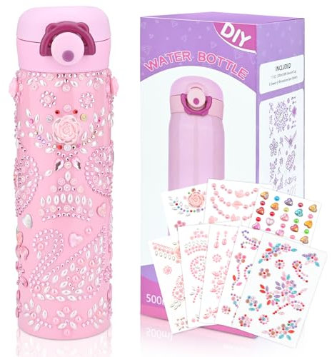 Tuaeccki DIY Water Bottle for Girls Decorate Your Own Water Bottle Craft Kits for Kids with 8 Glitter Gem Stickers Leakproof BPA Free Art and Crafts for Age 5 6 7 8 9 10 11 Years Old Girls Boys Pink