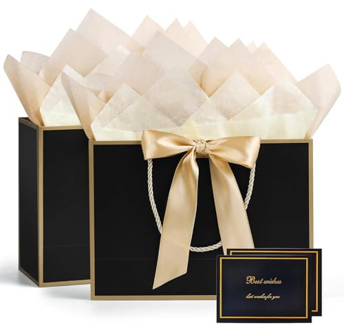 BBLIKE Medium Gift Bags for Present - 2 Pcs Birthday Gift Bag with 4 Wrappers and 2 Cards, Luxury Paper Bags with Handles for Girls Boys Wedding Party Christmas Valentines Bridesmaid (Golden-Black)