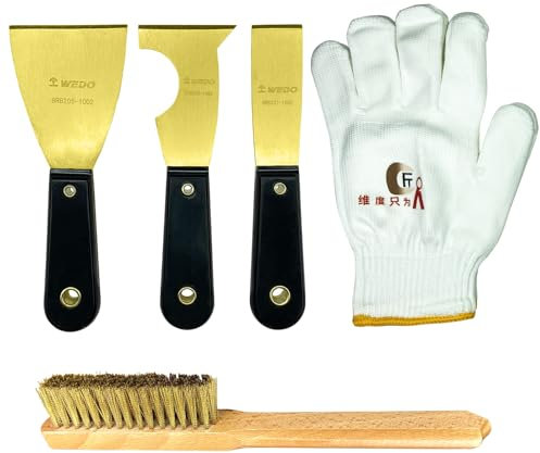 WEDO 5-teiliges Spachtel Set,Messing,75mm Malerspachtel,62mm Multifunktionsspachtel,32mm Malerspachtel,Messing-Drahtbürste mit Holzgriff,Länge 290mm,Handschuhe,Palettenmesser Kratzer zum Entfernen