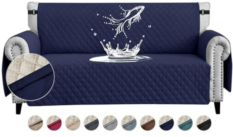 FIGOOO wasserdichte Sofabezug 4 Sitzer Dicke Sofaschoner Wasserdicht Reversible Gesteppte Sofa Überzug mit Seitentaschen Sofaüberwurf rutschfest Kratzfest für Haustiere Hunde Katzen,Marineblau