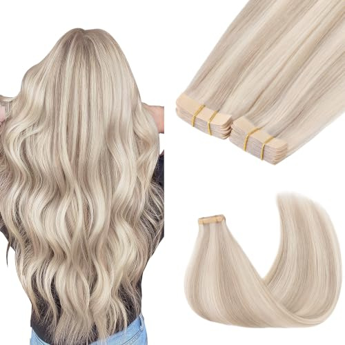 GOO GOO Tape Extensions Echthaar, 35cm 100g 40Stk., #17A/60A Blond Strähnen | Remy Echthaar, Aschblond mit Platinblonden Strähnen, Seidig Weich, Verfilzungsfrei, Unsichtbare, Langlebig, mehr Volumen