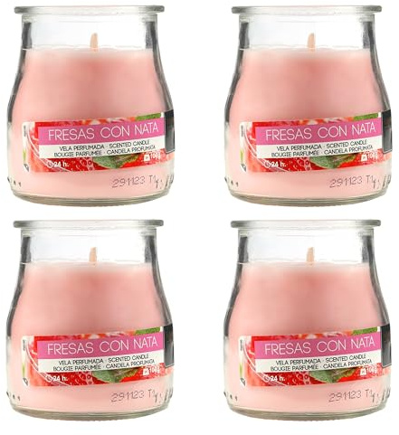 H HANSEL HOME Vela Perfumada en Vaso de Yogurt - Duración de 24 Horas, 7 x 6 cm, Fresas con Nata, 100g x 4 unidades