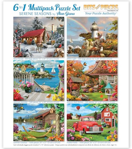 Bits and Pieces – 6-in-1 Jigsaw Multi-Pack - 300, 500, and 1000 Piece Jigsaw Puzzles for Adults – Serene Seasons Puzzle Set Bundle by Alan Giana