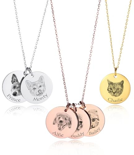 MeMeDIY Personalized Pet Mom Gifts Custom Pet Portrait Necklace with Engraved Sketch/Color Photo Personalized Dog Cat Necklace for Animal Lover - A2